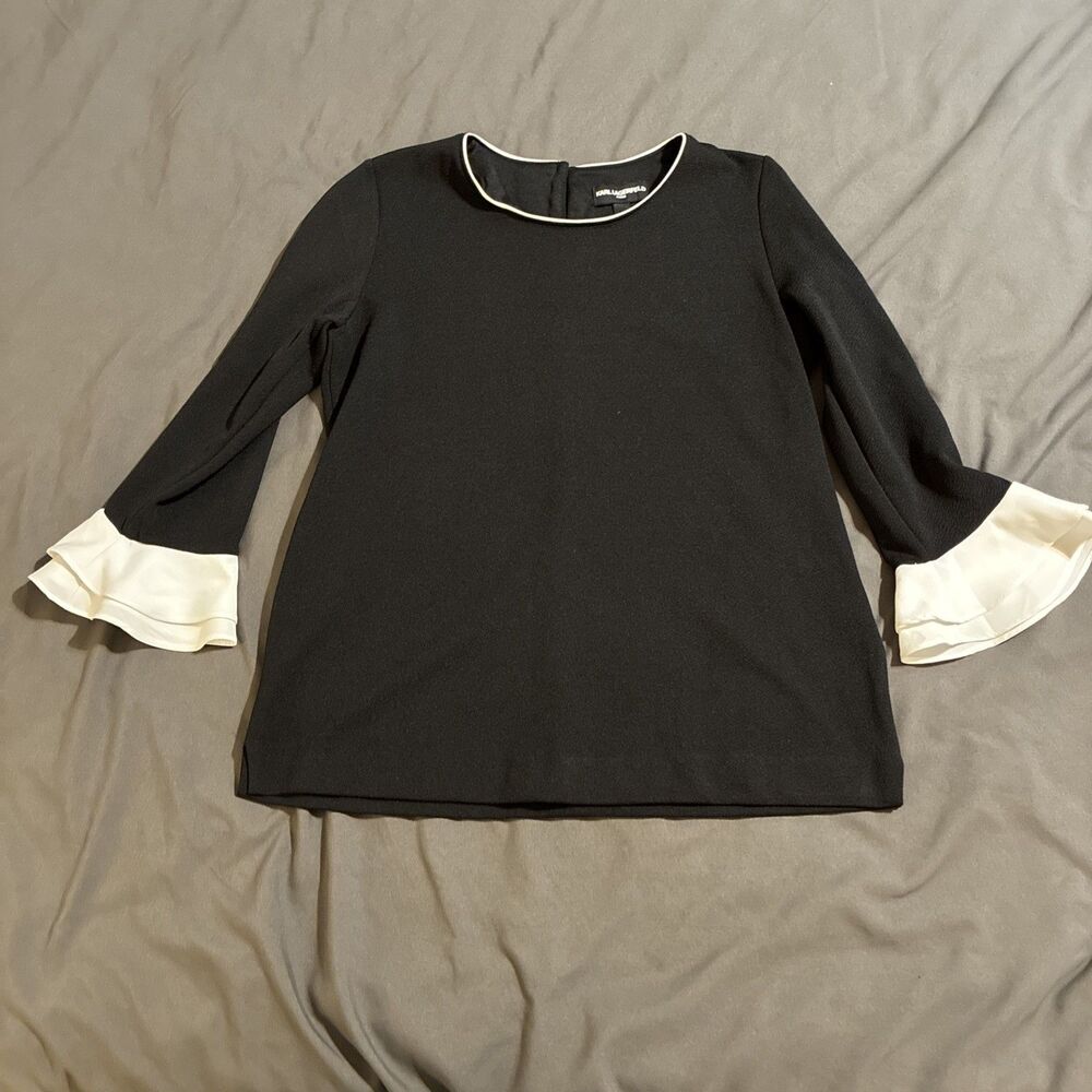 Karl Lagerfeld Womens Size S Black Long Sleeve Ruffle Shirt Blouse Monochrome